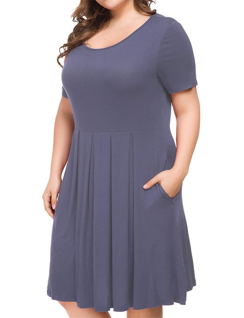 Tralilbee Women's Short Sleeve Pleated Loose Swing Casual Dress with Pockets Knee Length Purple Gray XL - Image 3